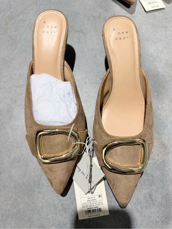 a new day Shoes - a new day™ Women's Taupe Suede Pointed Mule with Gold Buckle and kitten heel